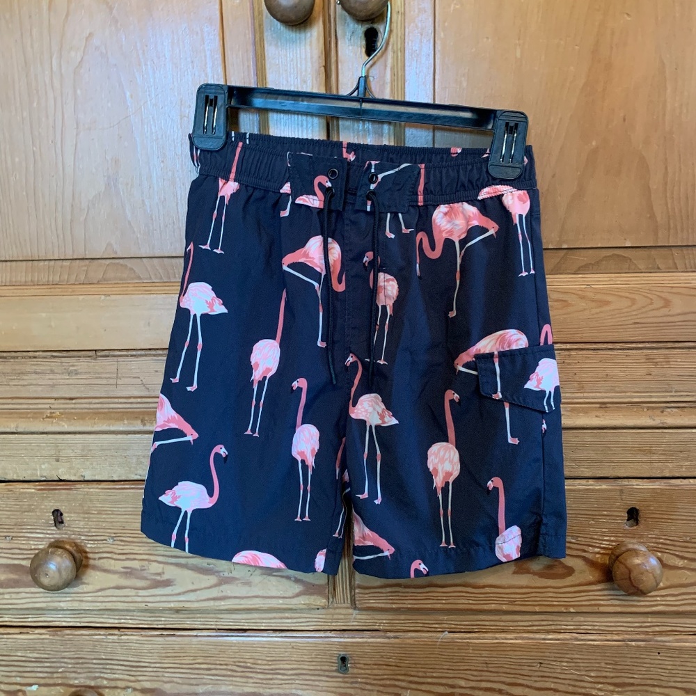 Black and Pink Flamingo Swim Trunks